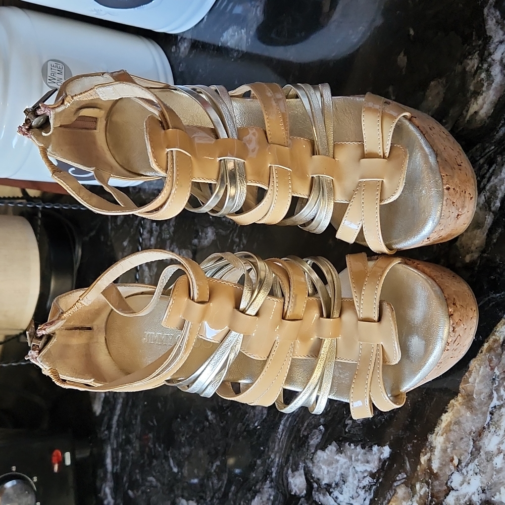 Jimmy Choo size 37, tan /silver. Cork heel